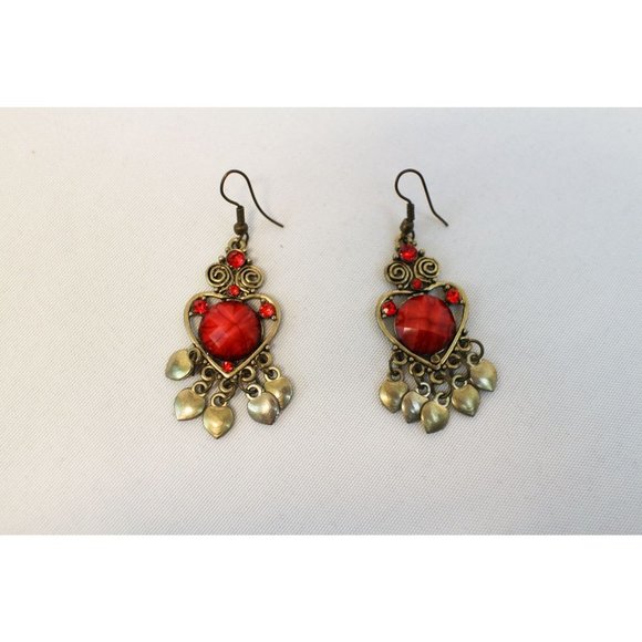 Vintage Gold & Red Hearts Dangle Drop Earrings - Picture 1 of 5
